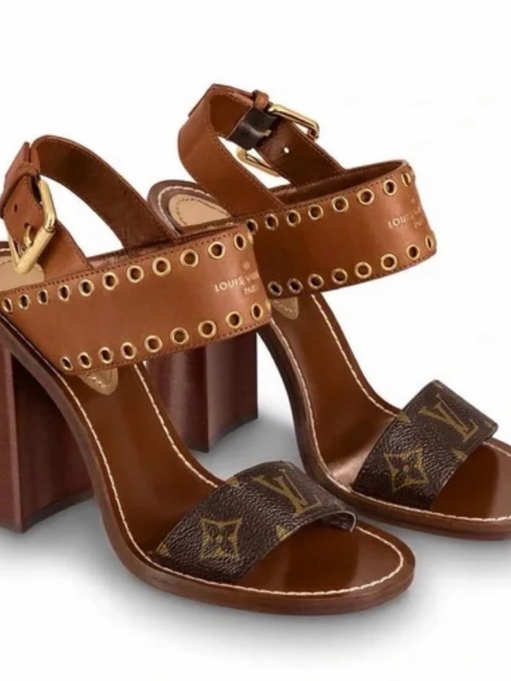 Louis Vuitton Brown Leather Monogram Block Heel Sandals with Gold Hardware
